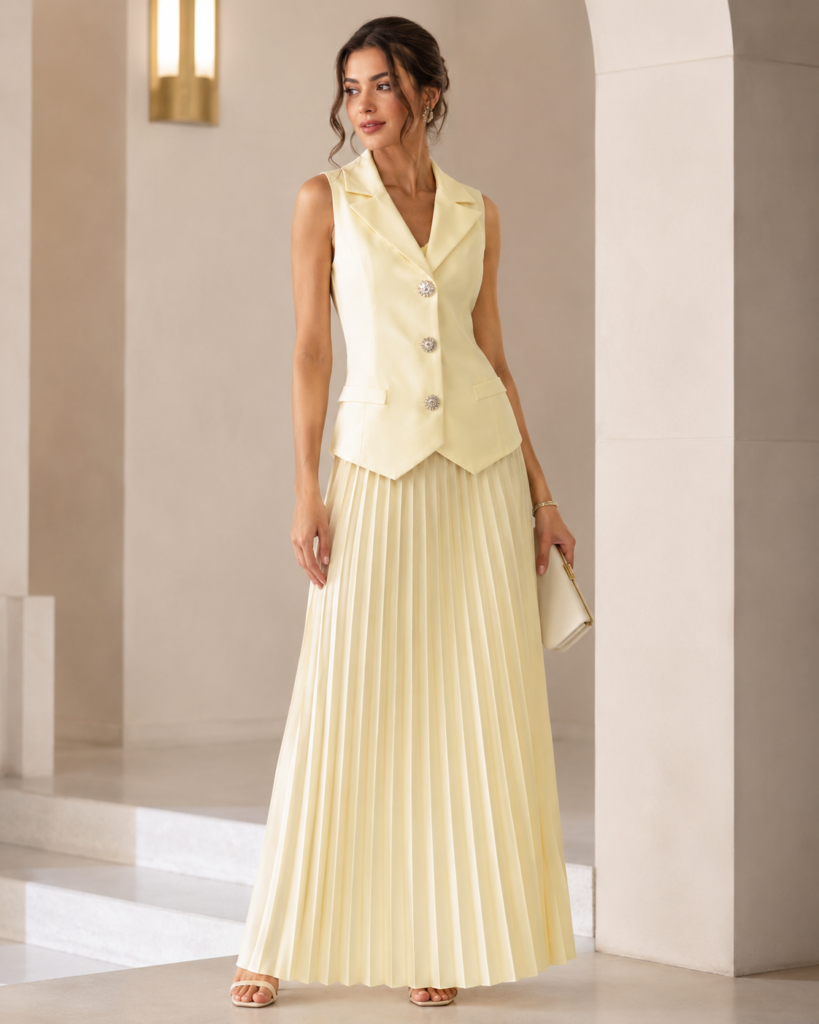 EMY Paris Sleeveless Tailored Vest & Pleated Maxi Skirt Set