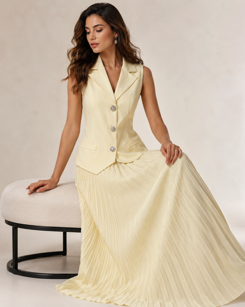 EMY Paris Sleeveless Tailored Vest & Pleated Maxi Skirt Set