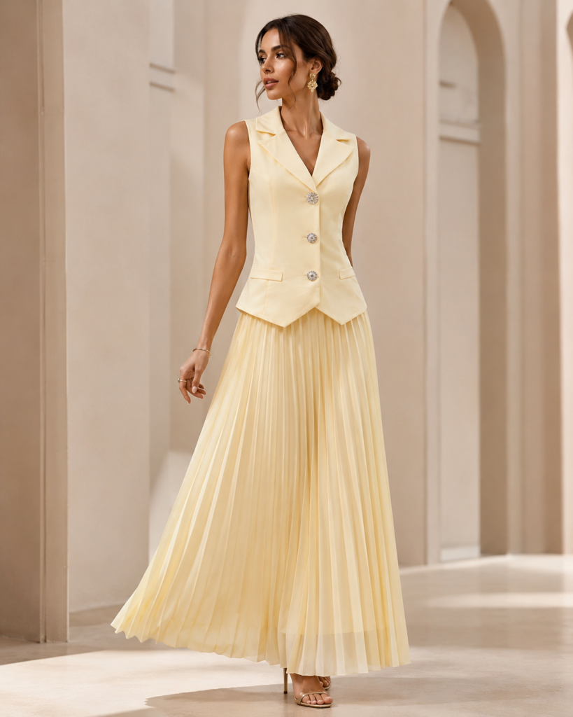 EMY Paris Sleeveless Tailored Vest & Pleated Maxi Skirt Set