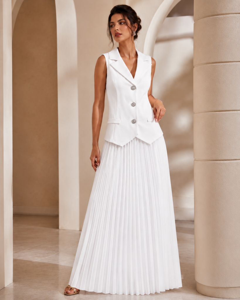 EMY Paris Sleeveless Tailored Vest & Pleated Maxi Skirt Set