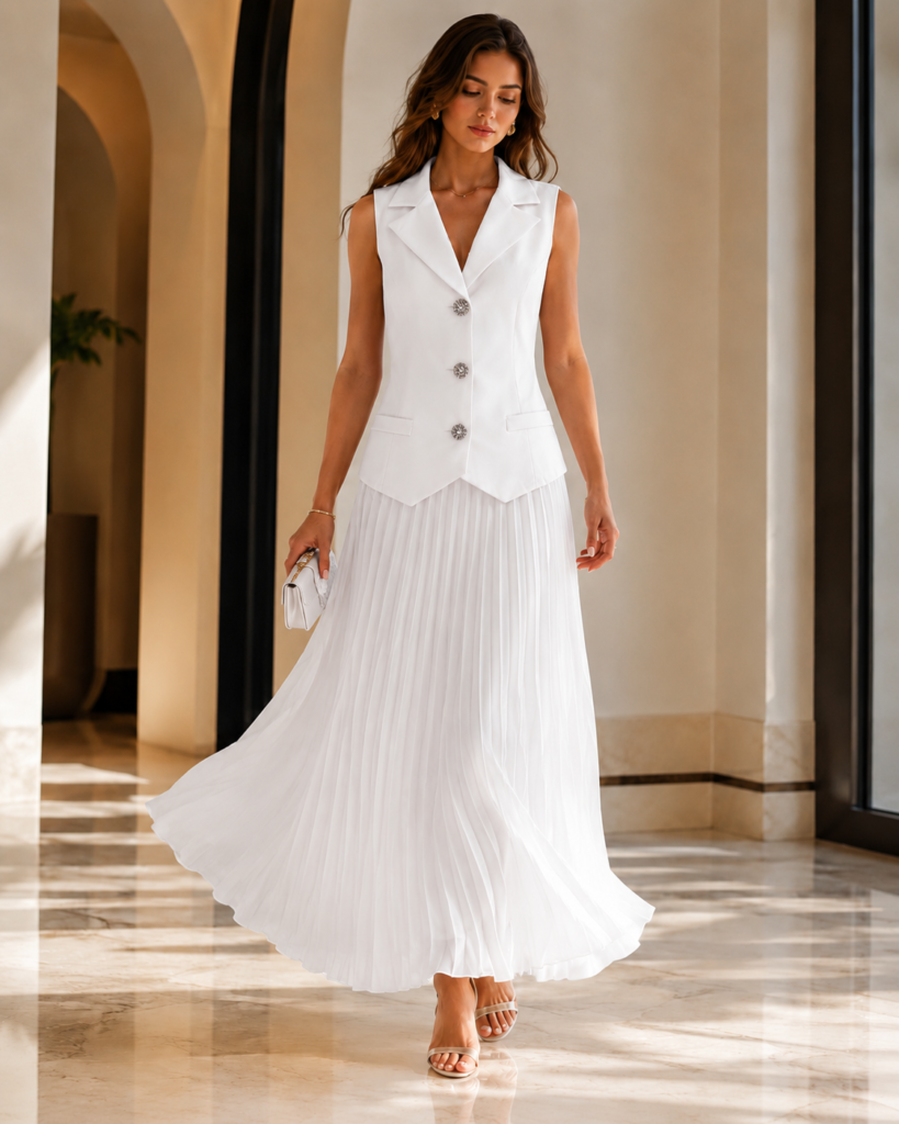 EMY Paris Sleeveless Tailored Vest & Pleated Maxi Skirt Set