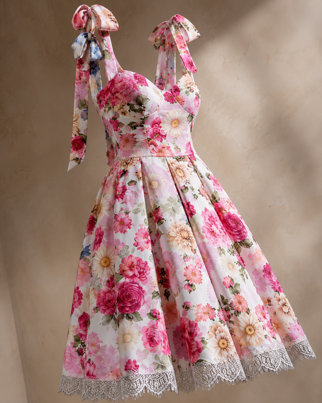 SHELLA — Robe d'été fleurie à épaules nouées et ourlet en dentelle / Floral Tie-Shoulder Sundress with Lace Hem / فستان صيفي مزهّر بكتفين مربوطين وحاشية دانتيل