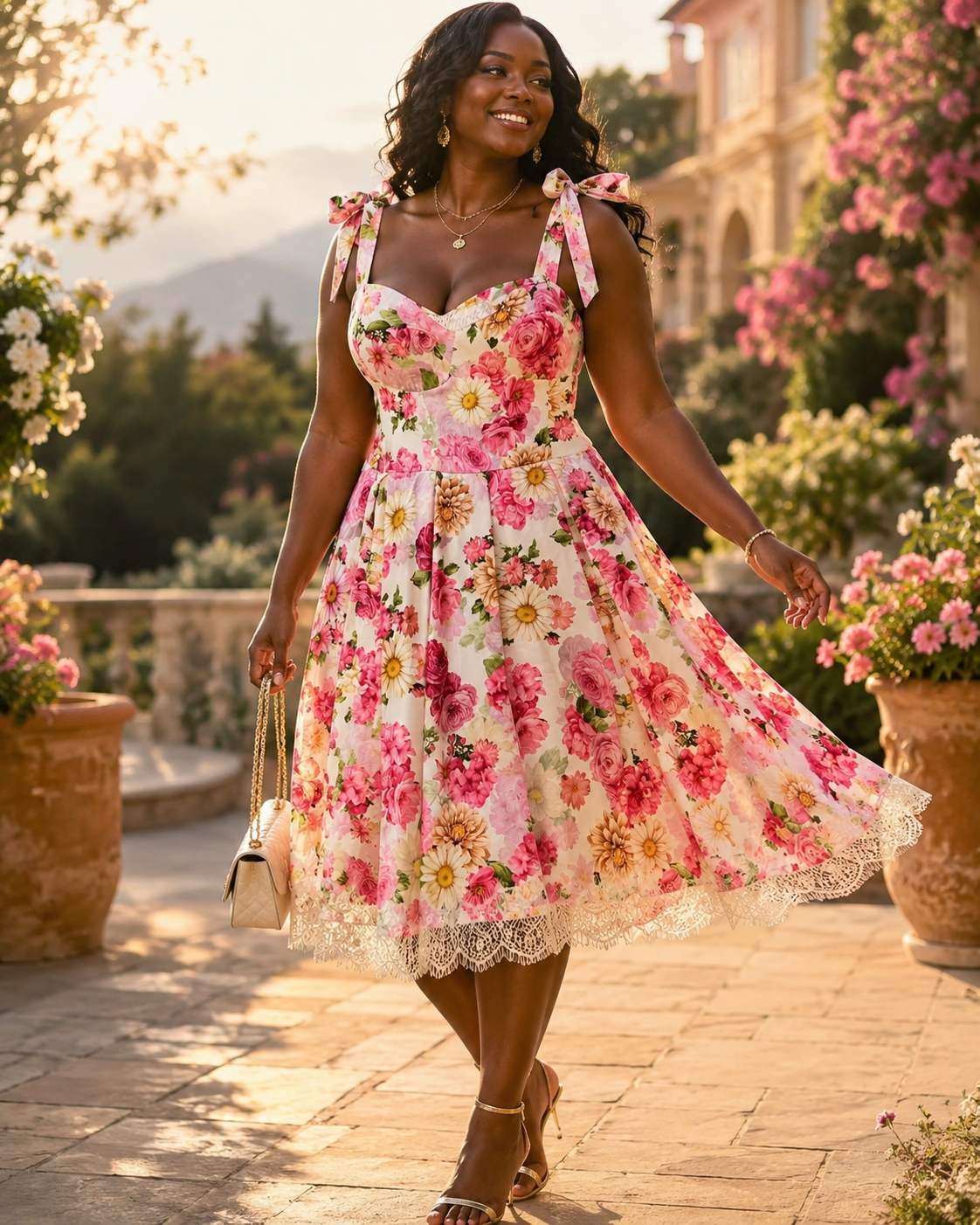 SHELLA — Robe d'été fleurie à épaules nouées et ourlet en dentelle / Floral Tie-Shoulder Sundress with Lace Hem / فستان صيفي مزهّر بكتفين مربوطين وحاشية دانتيل