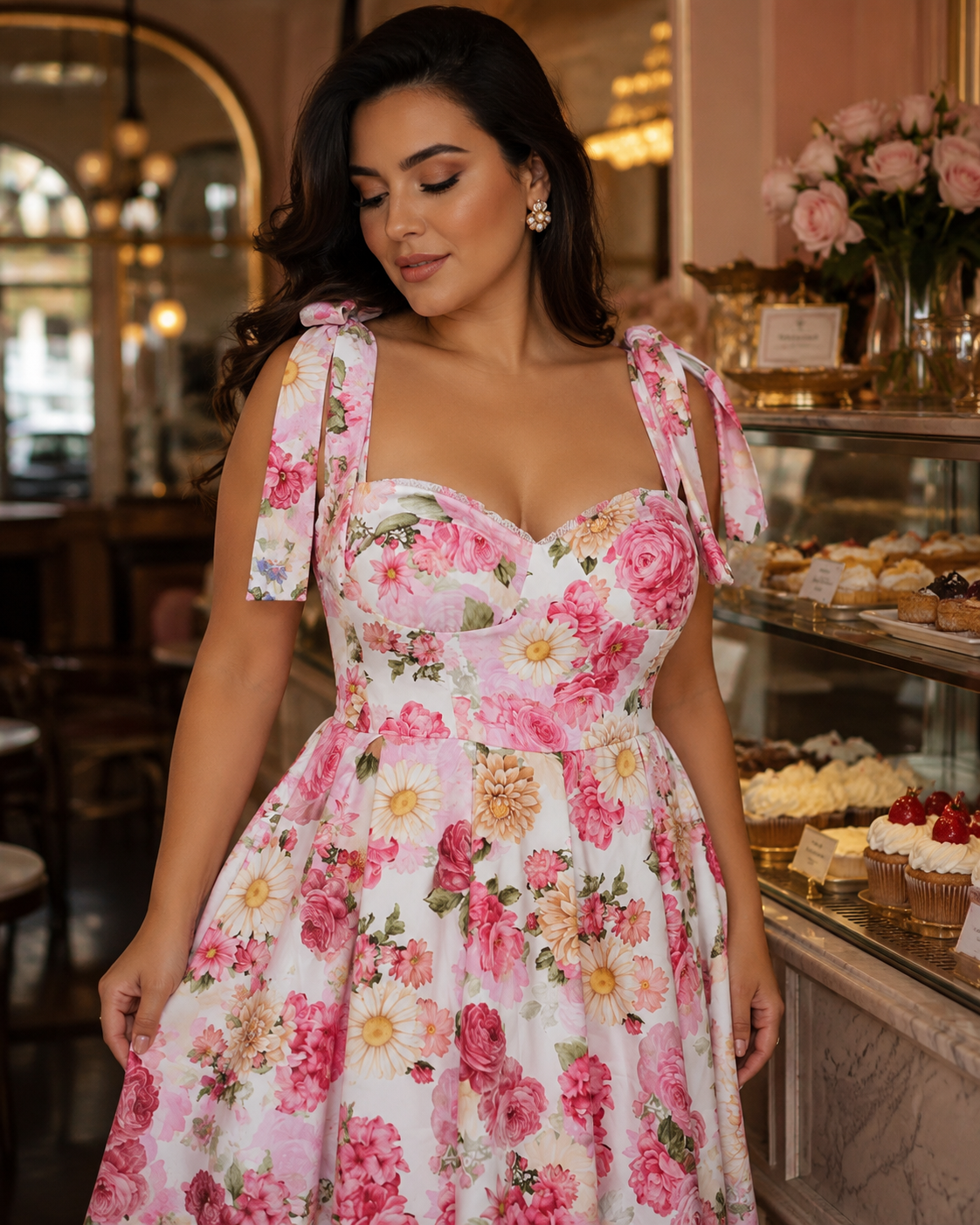 SHELLA — Robe d'été fleurie à épaules nouées et ourlet en dentelle / Floral Tie-Shoulder Sundress with Lace Hem / فستان صيفي مزهّر بكتفين مربوطين وحاشية دانتيل