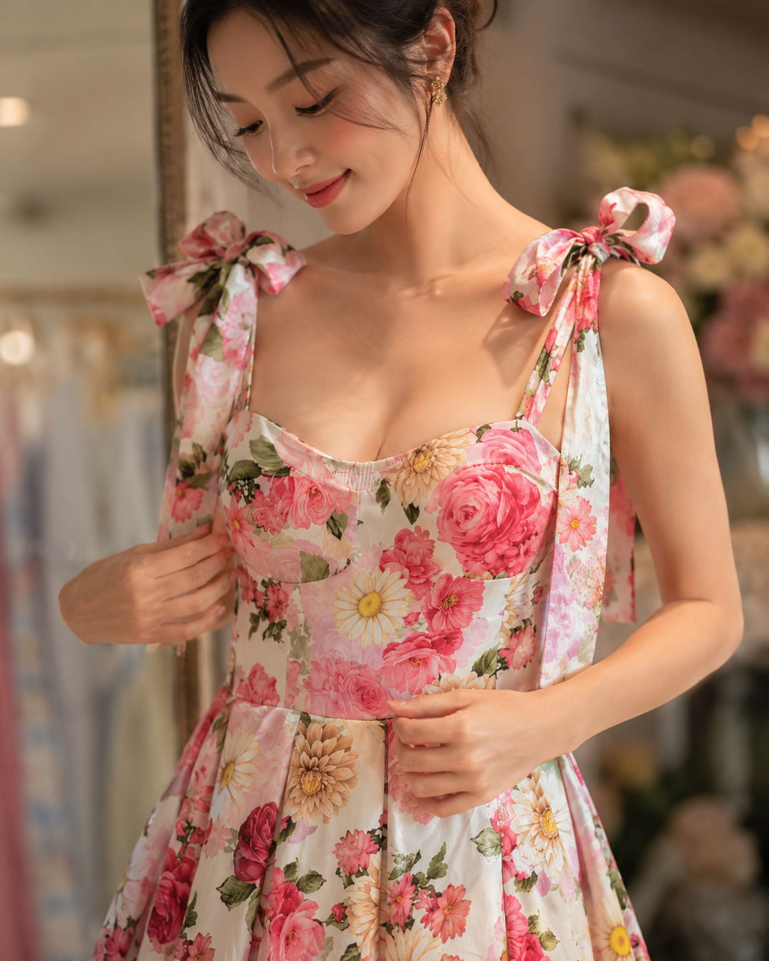 SHELLA — Robe d'été fleurie à épaules nouées et ourlet en dentelle / Floral Tie-Shoulder Sundress with Lace Hem / فستان صيفي مزهّر بكتفين مربوطين وحاشية دانتيل