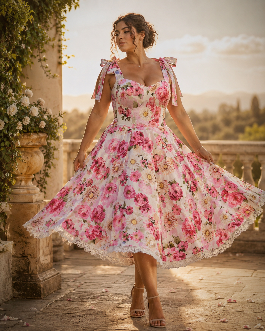 SHELLA — Robe d'été fleurie à épaules nouées et ourlet en dentelle / Floral Tie-Shoulder Sundress with Lace Hem / فستان صيفي مزهّر بكتفين مربوطين وحاشية دانتيل