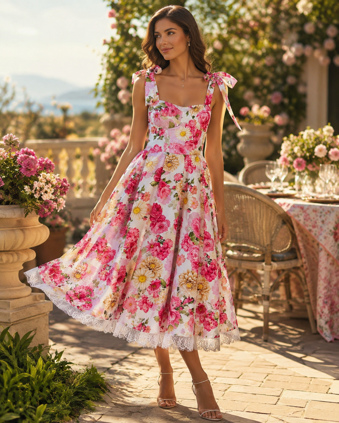 SHELLA — Robe d'été fleurie à épaules nouées et ourlet en dentelle / Floral Tie-Shoulder Sundress with Lace Hem / فستان صيفي مزهّر بكتفين مربوطين وحاشية دانتيل