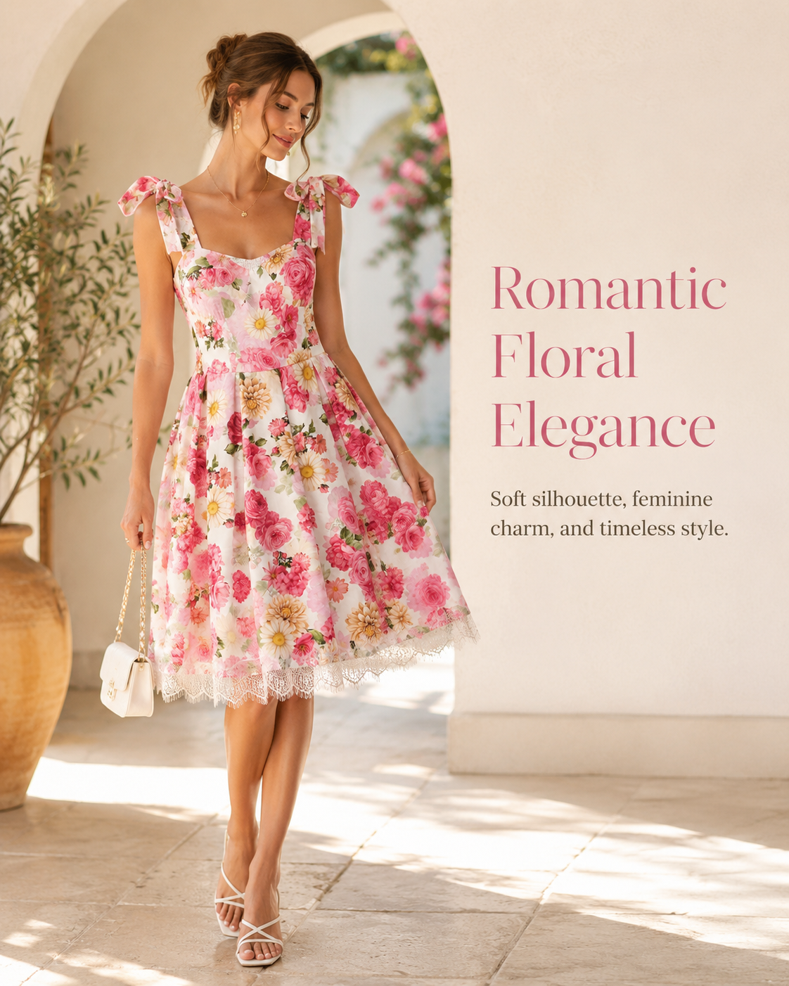 SHELLA — Robe d'été fleurie à épaules nouées et ourlet en dentelle / Floral Tie-Shoulder Sundress with Lace Hem / فستان صيفي مزهّر بكتفين مربوطين وحاشية دانتيل