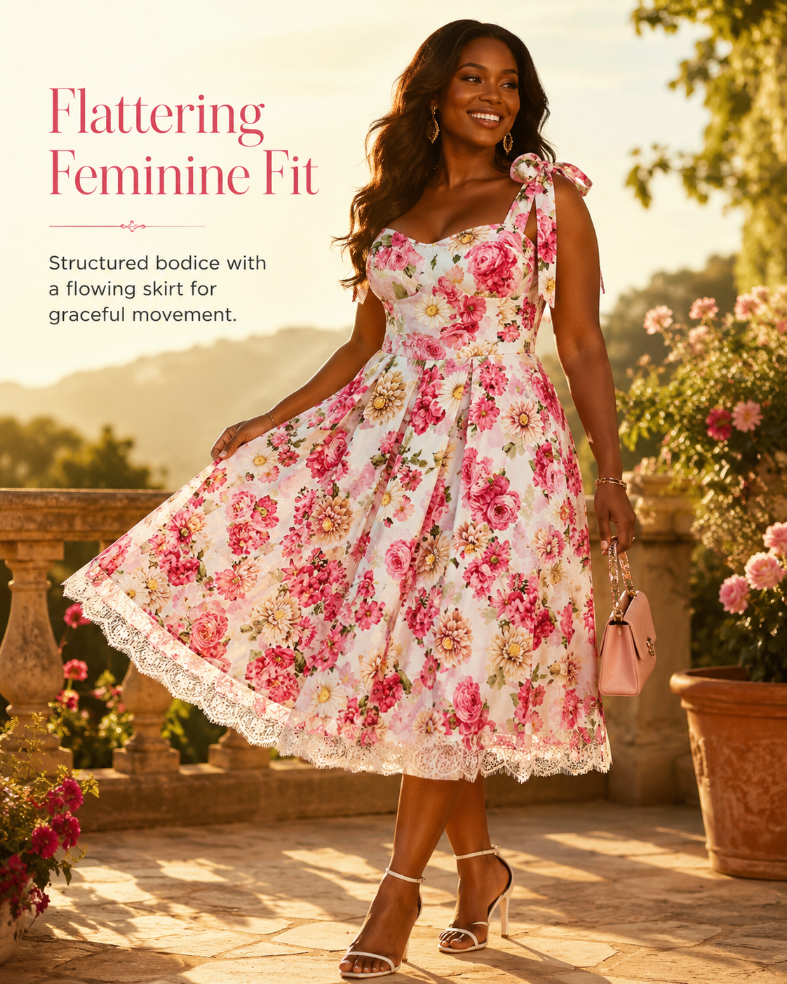 SHELLA — Robe d'été fleurie à épaules nouées et ourlet en dentelle / Floral Tie-Shoulder Sundress with Lace Hem / فستان صيفي مزهّر بكتفين مربوطين وحاشية دانتيل
