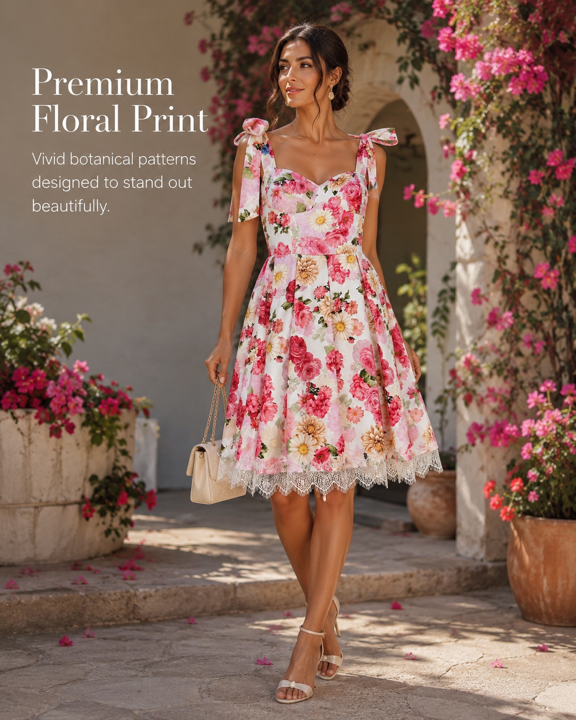 SHELLA — Robe d'été fleurie à épaules nouées et ourlet en dentelle / Floral Tie-Shoulder Sundress with Lace Hem / فستان صيفي مزهّر بكتفين مربوطين وحاشية دانتيل