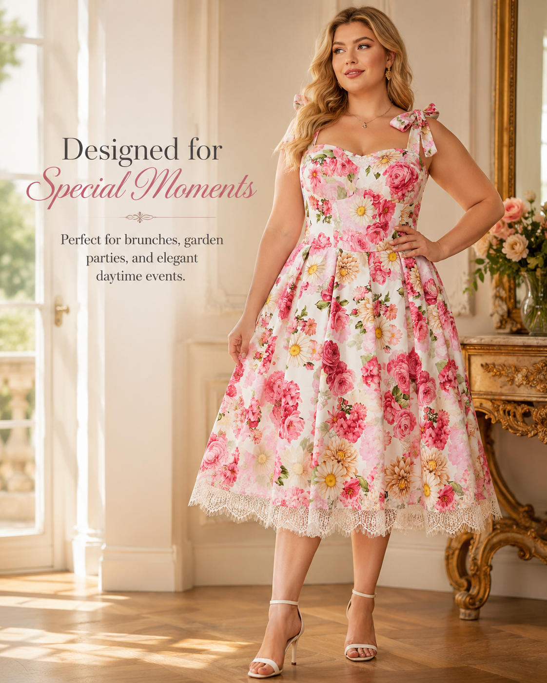 SHELLA — Robe d'été fleurie à épaules nouées et ourlet en dentelle / Floral Tie-Shoulder Sundress with Lace Hem / فستان صيفي مزهّر بكتفين مربوطين وحاشية دانتيل