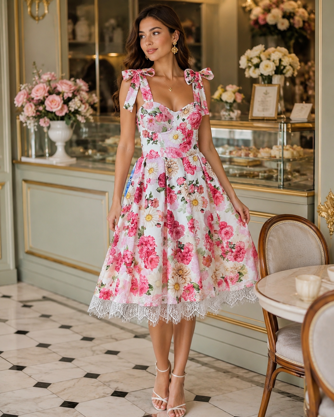 SHELLA — Robe d'été fleurie à épaules nouées et ourlet en dentelle / Floral Tie-Shoulder Sundress with Lace Hem / فستان صيفي مزهّر بكتفين مربوطين وحاشية دانتيل