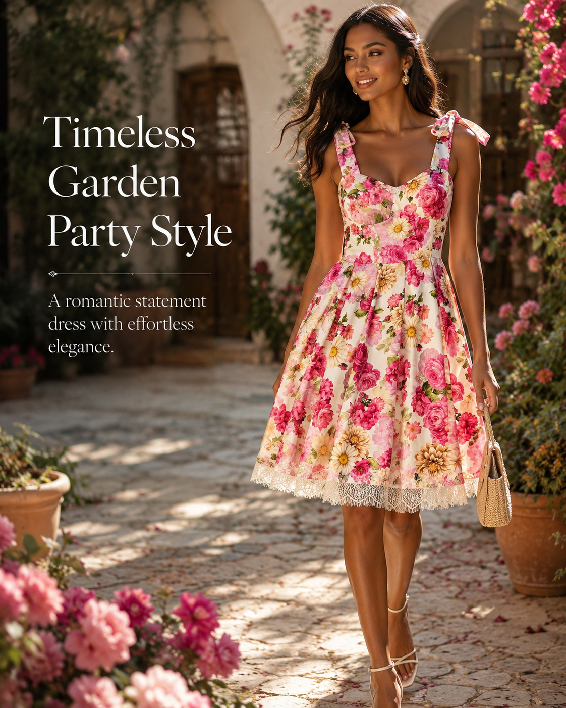 SHELLA — Robe d'été fleurie à épaules nouées et ourlet en dentelle / Floral Tie-Shoulder Sundress with Lace Hem / فستان صيفي مزهّر بكتفين مربوطين وحاشية دانتيل