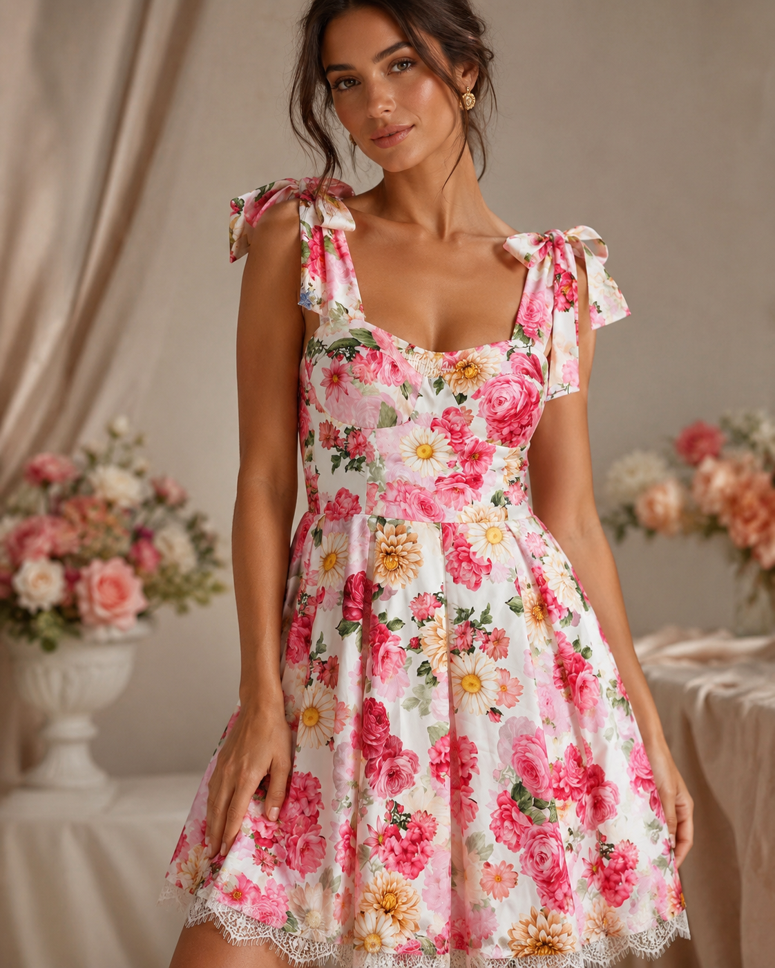 SHELLA — Robe d'été fleurie à épaules nouées et ourlet en dentelle / Floral Tie-Shoulder Sundress with Lace Hem / فستان صيفي مزهّر بكتفين مربوطين وحاشية دانتيل