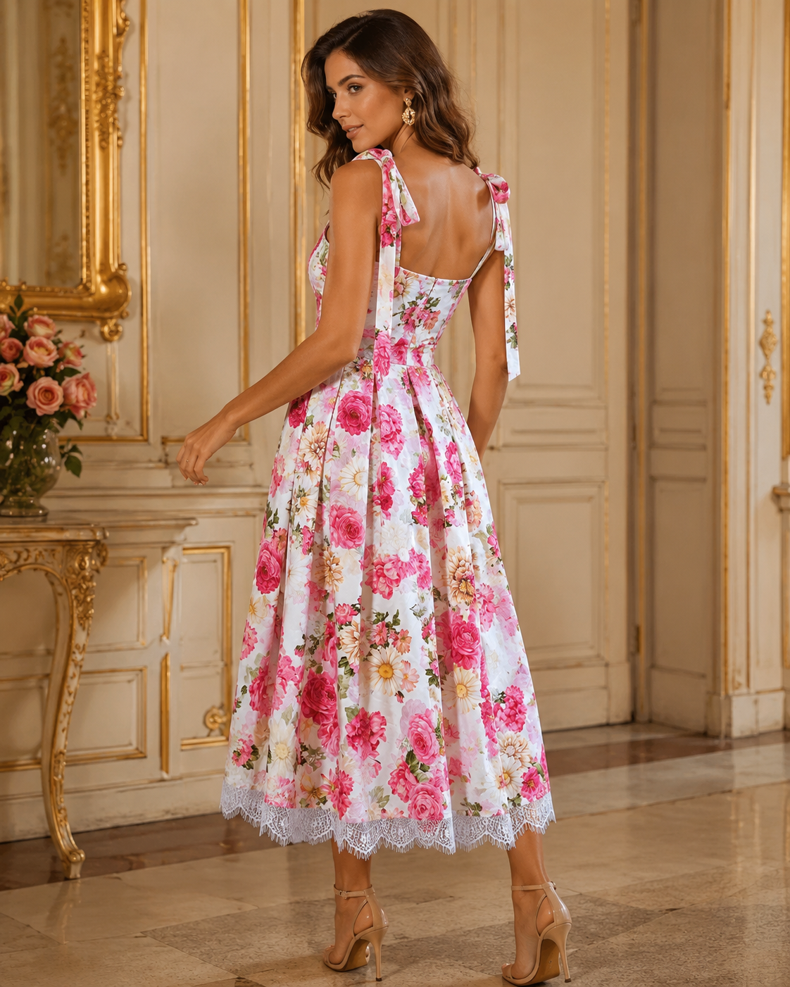 SHELLA — Robe d'été fleurie à épaules nouées et ourlet en dentelle / Floral Tie-Shoulder Sundress with Lace Hem / فستان صيفي مزهّر بكتفين مربوطين وحاشية دانتيل