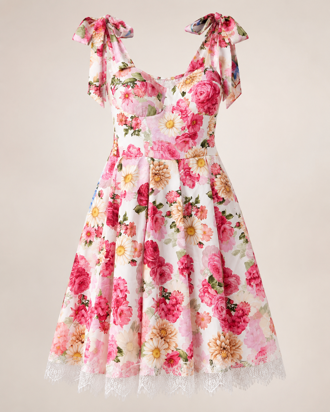 SHELLA — Robe d'été fleurie à épaules nouées et ourlet en dentelle / Floral Tie-Shoulder Sundress with Lace Hem / فستان صيفي مزهّر بكتفين مربوطين وحاشية دانتيل