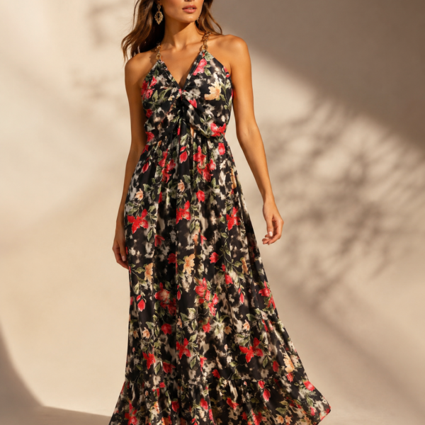 SHELLA — Robe maxi fleurie à bretelles chaîne dorées & bustier torsadé / Floral Twisted Bust Chain-Strap Maxi Dress / فستان ماكسي مزهّر بحمالات سلسلة ذهبية وتفصيلة صدر ملتوية