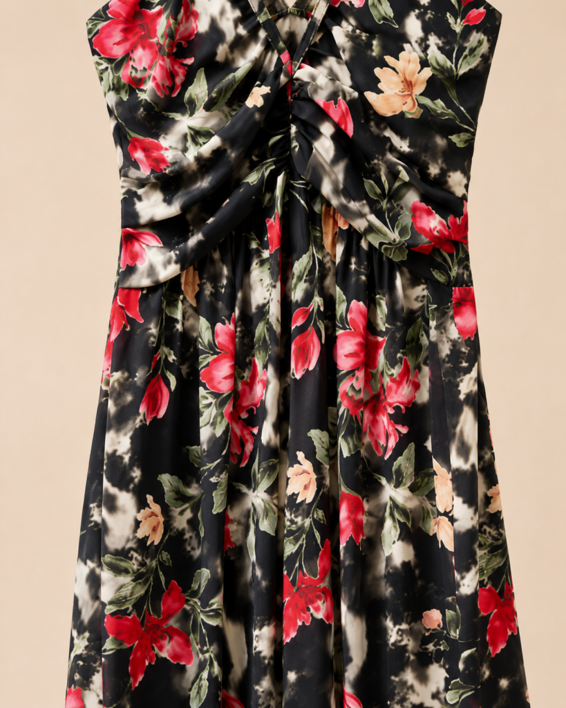 Floral Twisted Bust Chain-Strap Maxi Dress