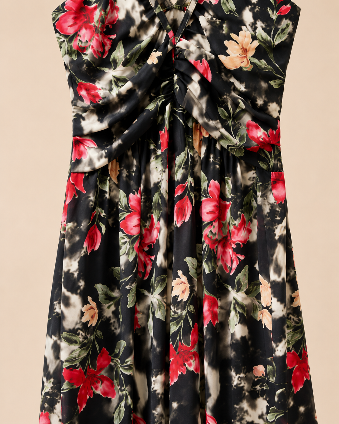 SHELLA — Robe maxi fleurie à bretelles chaîne dorées & bustier torsadé / Floral Twisted Bust Chain-Strap Maxi Dress / فستان ماكسي مزهّر بحمالات سلسلة ذهبية وتفصيلة صدر ملتوية