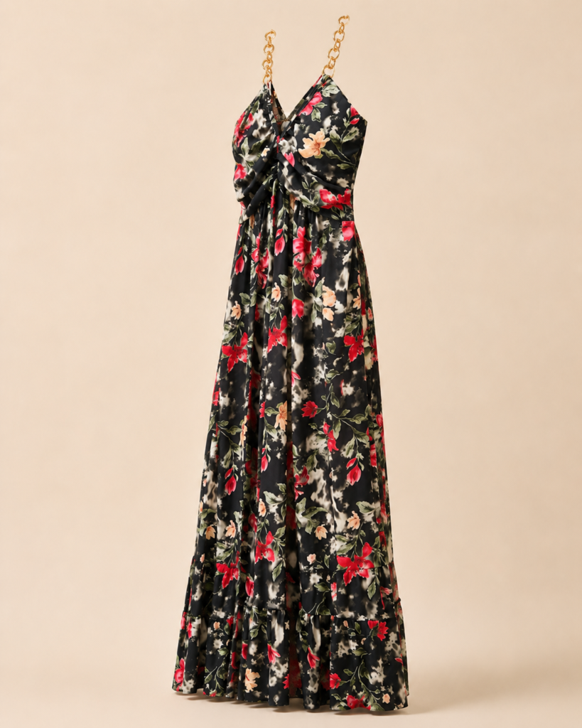 Floral Twisted Bust Chain-Strap Maxi Dress