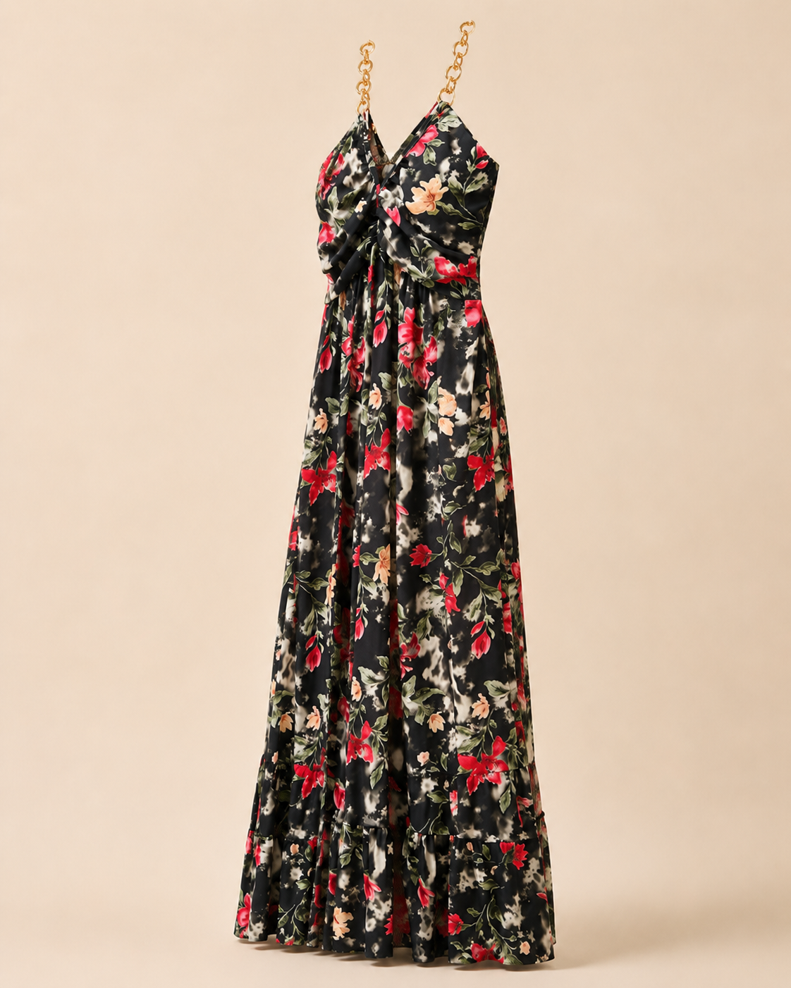 SHELLA — Robe maxi fleurie à bretelles chaîne dorées & bustier torsadé / Floral Twisted Bust Chain-Strap Maxi Dress / فستان ماكسي مزهّر بحمالات سلسلة ذهبية وتفصيلة صدر ملتوية