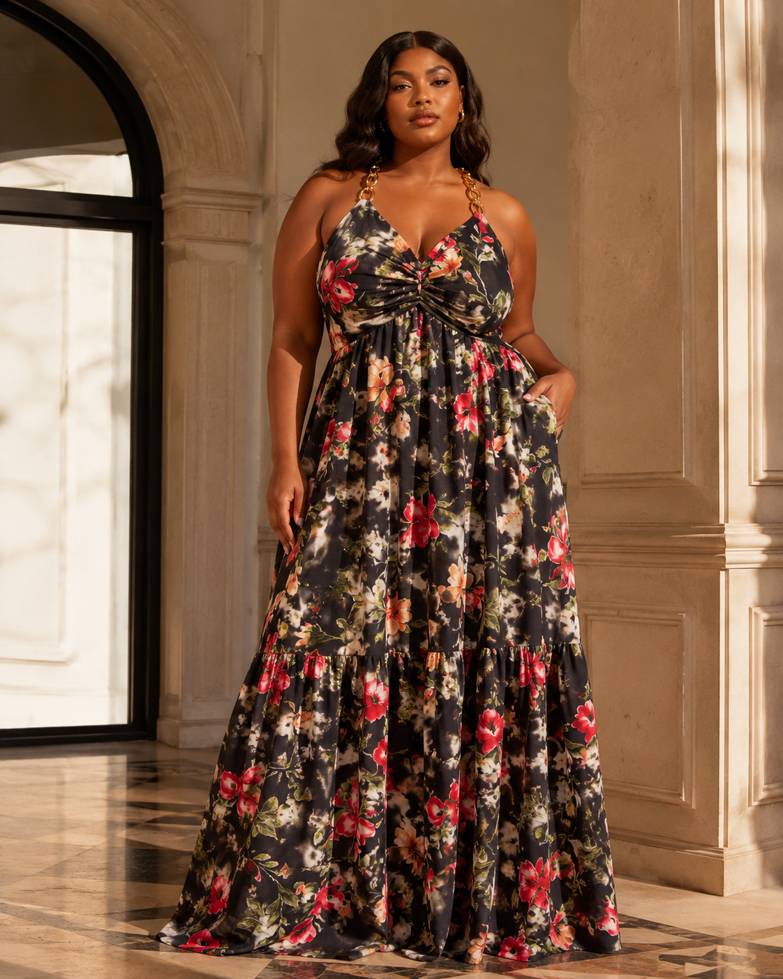 SHELLA — Robe maxi fleurie à bretelles chaîne dorées & bustier torsadé / Floral Twisted Bust Chain-Strap Maxi Dress / فستان ماكسي مزهّر بحمالات سلسلة ذهبية وتفصيلة صدر ملتوية