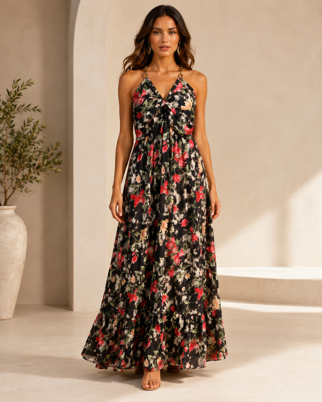 SHELLA — Robe maxi fleurie à bretelles chaîne dorées & bustier torsadé / Floral Twisted Bust Chain-Strap Maxi Dress / فستان ماكسي مزهّر بحمالات سلسلة ذهبية وتفصيلة صدر ملتوية