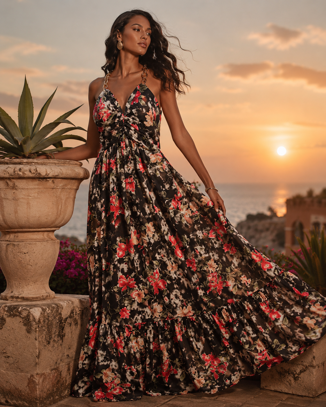 SHELLA — Robe maxi fleurie à bretelles chaîne dorées & bustier torsadé / Floral Twisted Bust Chain-Strap Maxi Dress / فستان ماكسي مزهّر بحمالات سلسلة ذهبية وتفصيلة صدر ملتوية