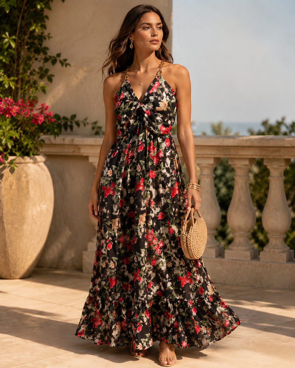 SHELLA — Robe maxi fleurie à bretelles chaîne dorées & bustier torsadé / Floral Twisted Bust Chain-Strap Maxi Dress / فستان ماكسي مزهّر بحمالات سلسلة ذهبية وتفصيلة صدر ملتوية