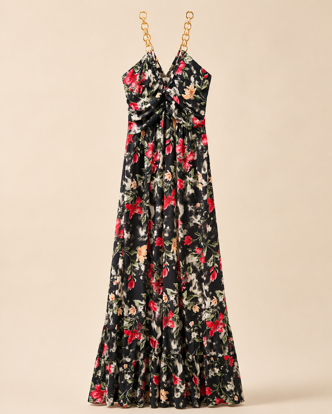 SHELLA — Robe maxi fleurie à bretelles chaîne dorées & bustier torsadé / Floral Twisted Bust Chain-Strap Maxi Dress / فستان ماكسي مزهّر بحمالات سلسلة ذهبية وتفصيلة صدر ملتوية