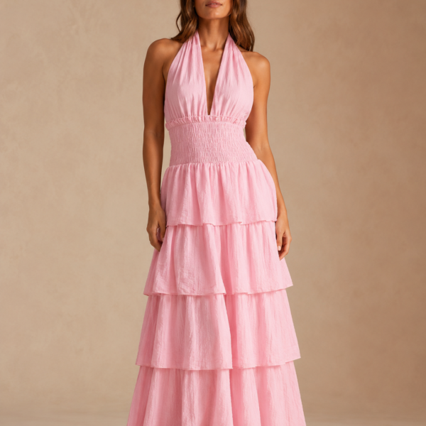 SHELLA — Robe longue dos nu à col halter, taille smockée & volants superposés / Halter Neck Smocked Tiered Maxi Dress / فستان طويل بحمالة رقبة وخصر سموك وطبقات كشكش