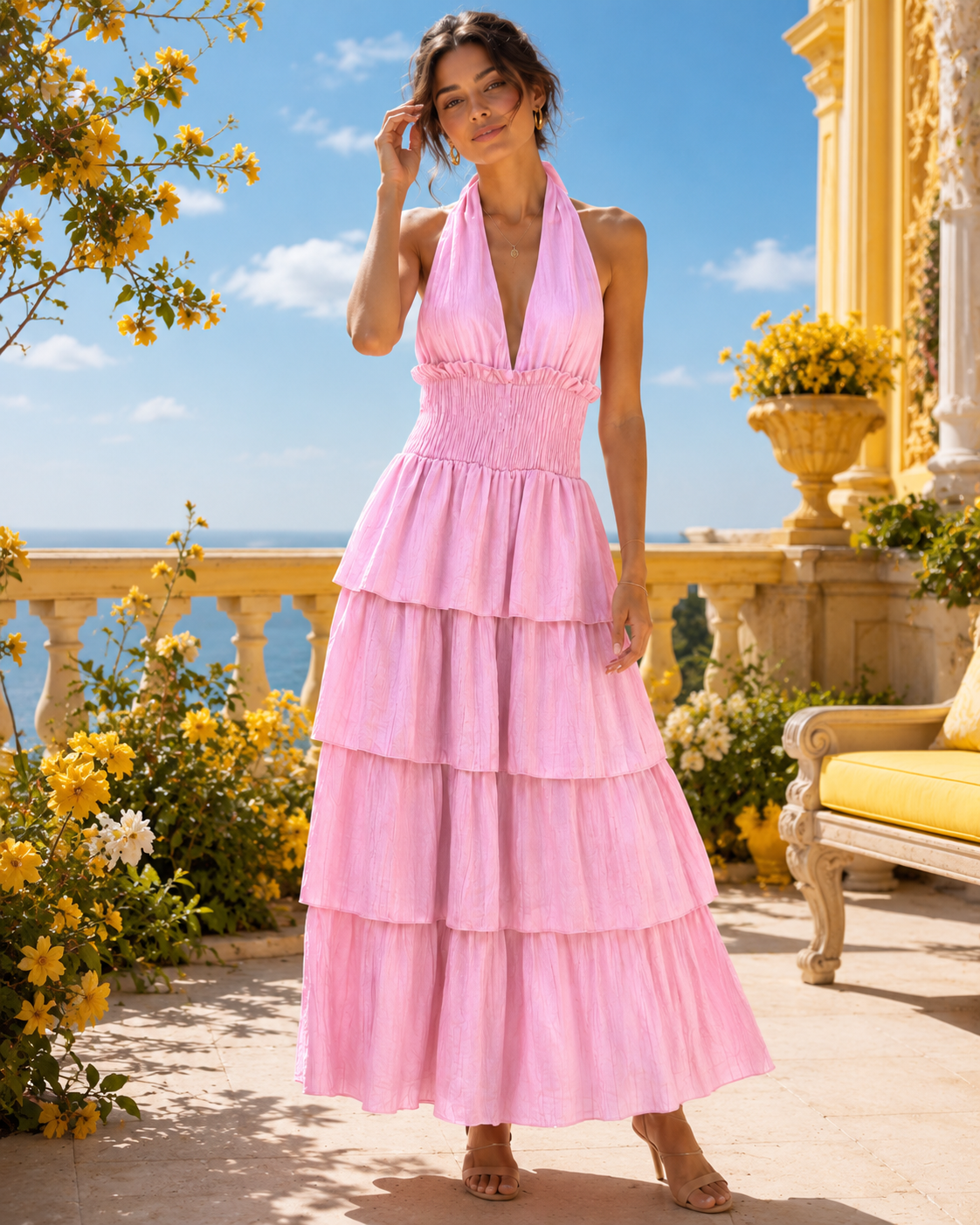 SHELLA — Robe longue dos nu à col halter, taille smockée & volants superposés / Halter Neck Smocked Tiered Maxi Dress / فستان طويل بحمالة رقبة وخصر سموك وطبقات كشكش