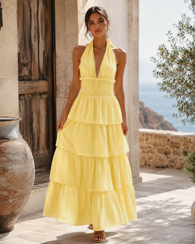 Halter Neck Smocked Tiered Maxi Dress