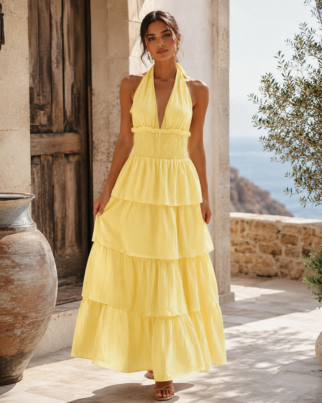 SHELLA — Robe longue dos nu à col halter, taille smockée & volants superposés / Halter Neck Smocked Tiered Maxi Dress / فستان طويل بحمالة رقبة وخصر سموك وطبقات كشكش