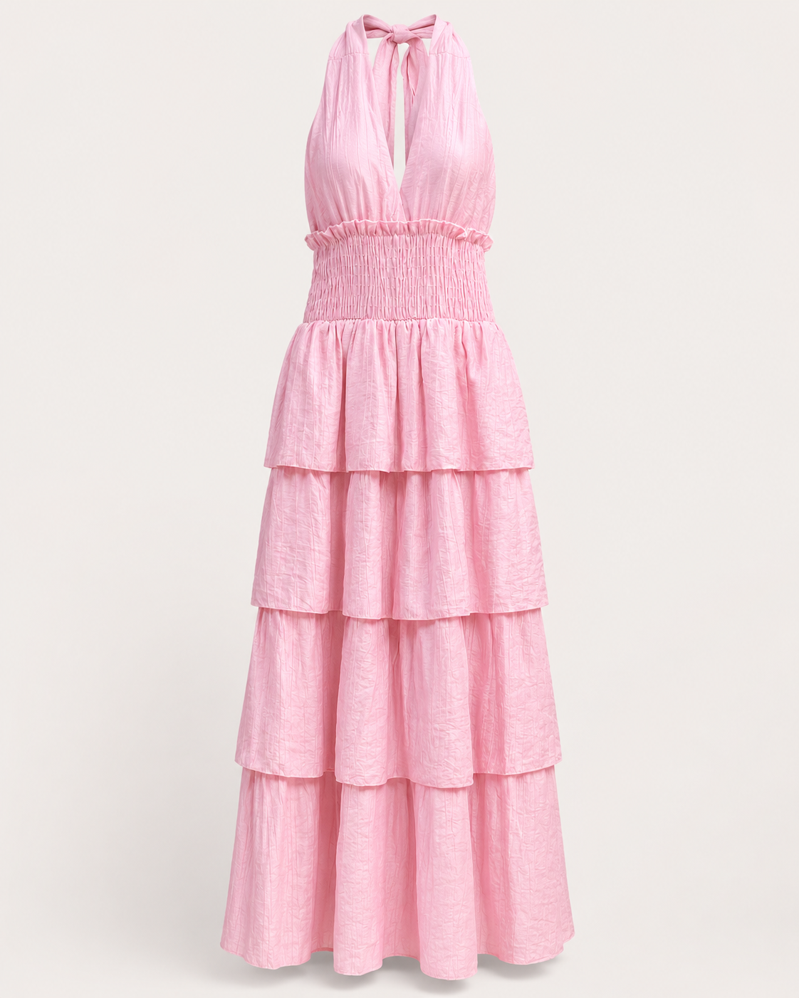 SHELLA — Robe longue dos nu à col halter, taille smockée & volants superposés / Halter Neck Smocked Tiered Maxi Dress / فستان طويل بحمالة رقبة وخصر سموك وطبقات كشكش