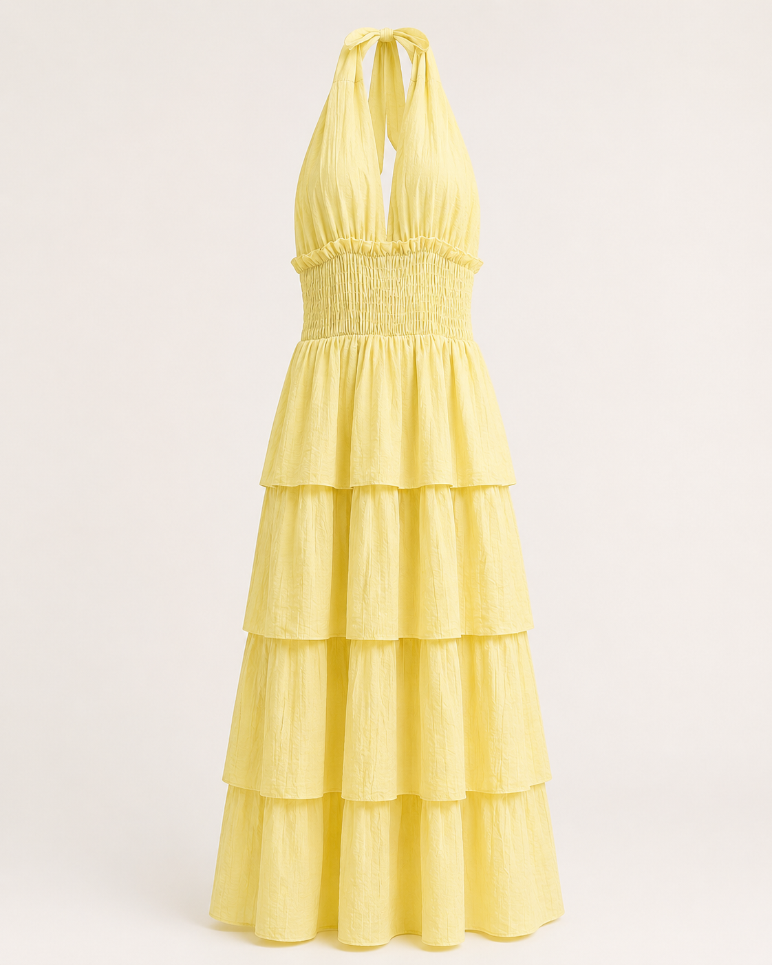 SHELLA — Robe longue dos nu à col halter, taille smockée & volants superposés / Halter Neck Smocked Tiered Maxi Dress / فستان طويل بحمالة رقبة وخصر سموك وطبقات كشكش