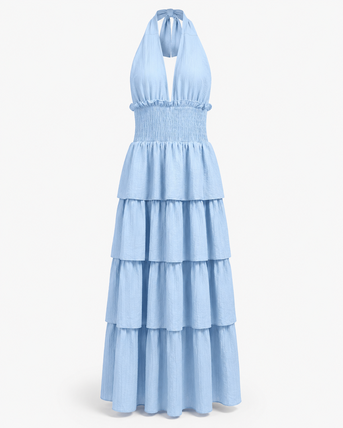 SHELLA — Robe longue dos nu à col halter, taille smockée & volants superposés / Halter Neck Smocked Tiered Maxi Dress / فستان طويل بحمالة رقبة وخصر سموك وطبقات كشكش