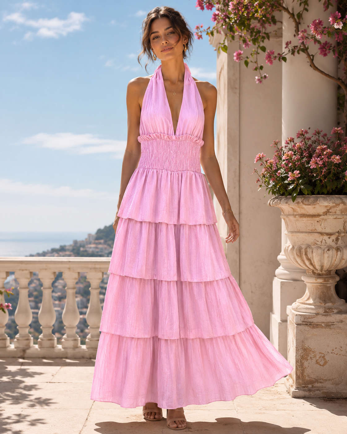 SHELLA — Robe longue dos nu à col halter, taille smockée & volants superposés / Halter Neck Smocked Tiered Maxi Dress / فستان طويل بحمالة رقبة وخصر سموك وطبقات كشكش