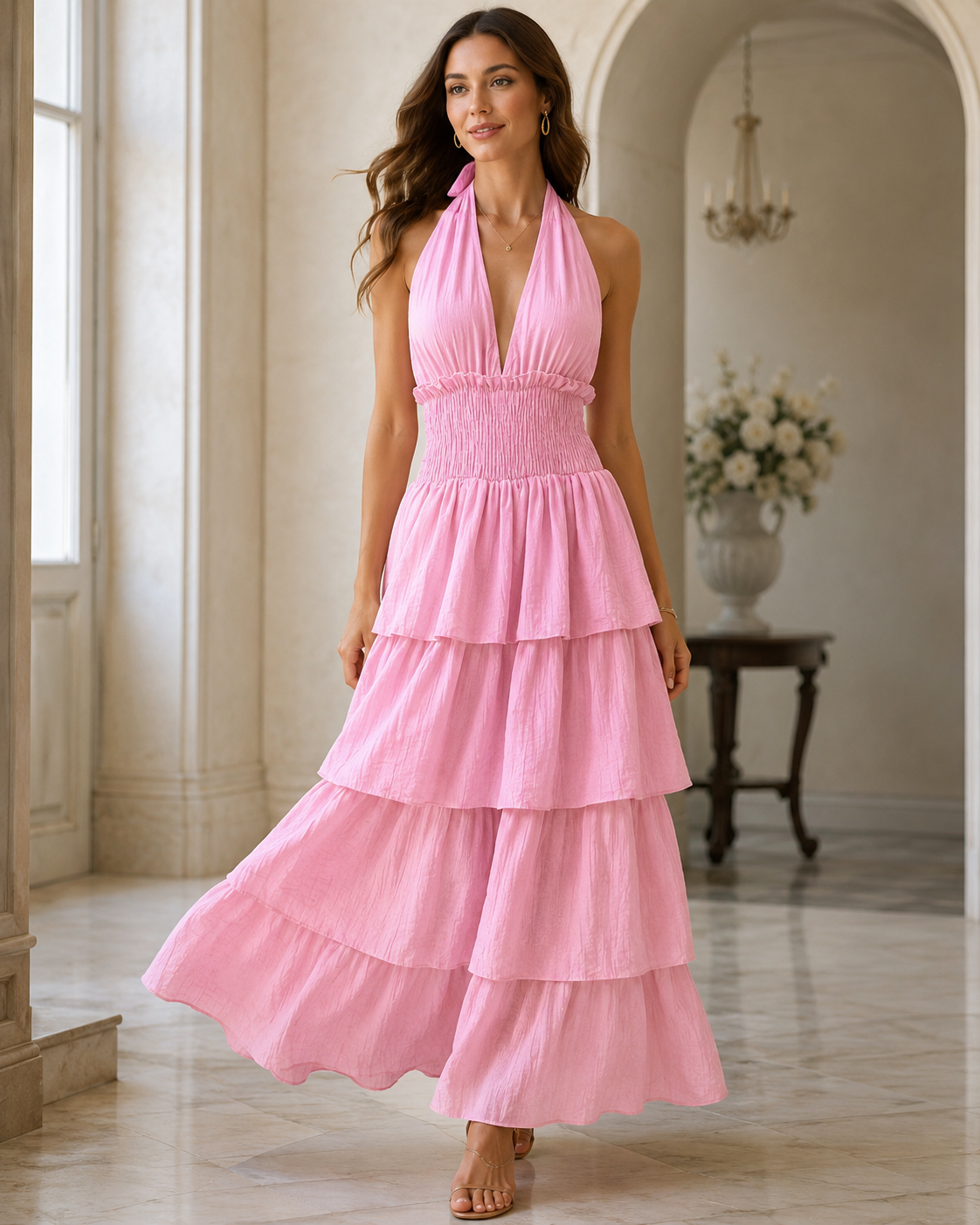 SHELLA — Robe longue dos nu à col halter, taille smockée & volants superposés / Halter Neck Smocked Tiered Maxi Dress / فستان طويل بحمالة رقبة وخصر سموك وطبقات كشكش