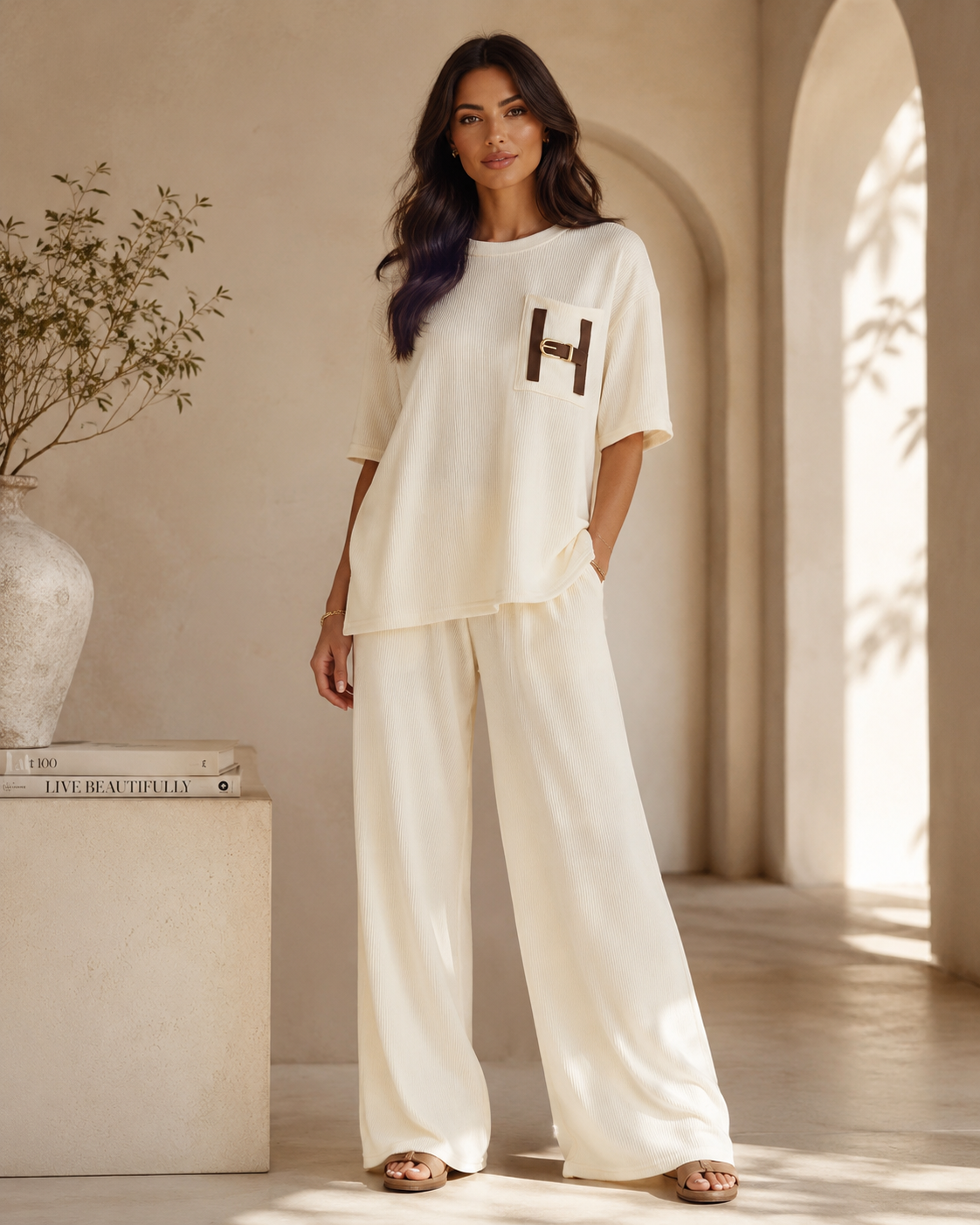 SHELLA — Ensemble lounge côtelé 2 pièces : haut oversize manches courtes & pantalon large avec poche à boucle H dorée / H-Buckle Ribbed Lounge Co-Ord Set / طقم لاونج مضلّع من قطعتين: توب أوفرسايز بأكمام قصيرة وبنطلون واسع بجيب بإبزيم H ذهبي