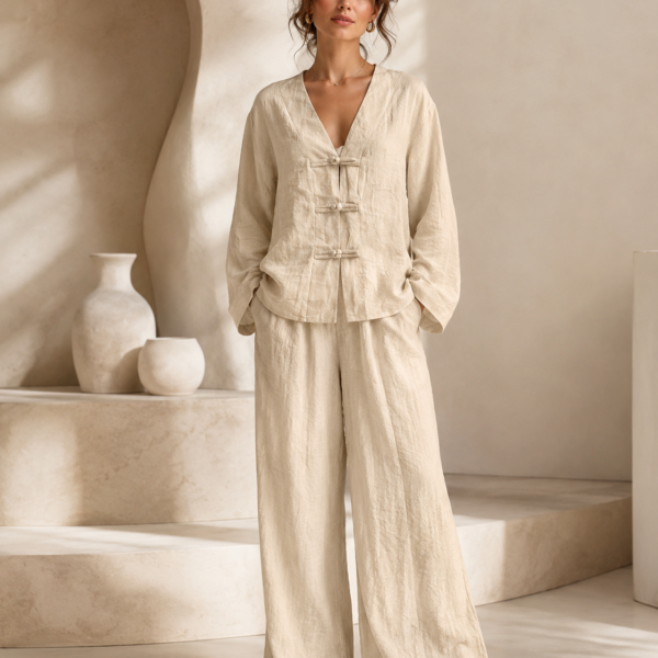 SHELLA — Ensemble en lin : top col V à boutons brandebourgs & pantalon large / Linen-Blend Frog Button Co-Ord Set: V-Neck Top & Wide-Leg Pants / طقم من الكتان: توب برقبة V بأزرار صينية وبنطلون واسع