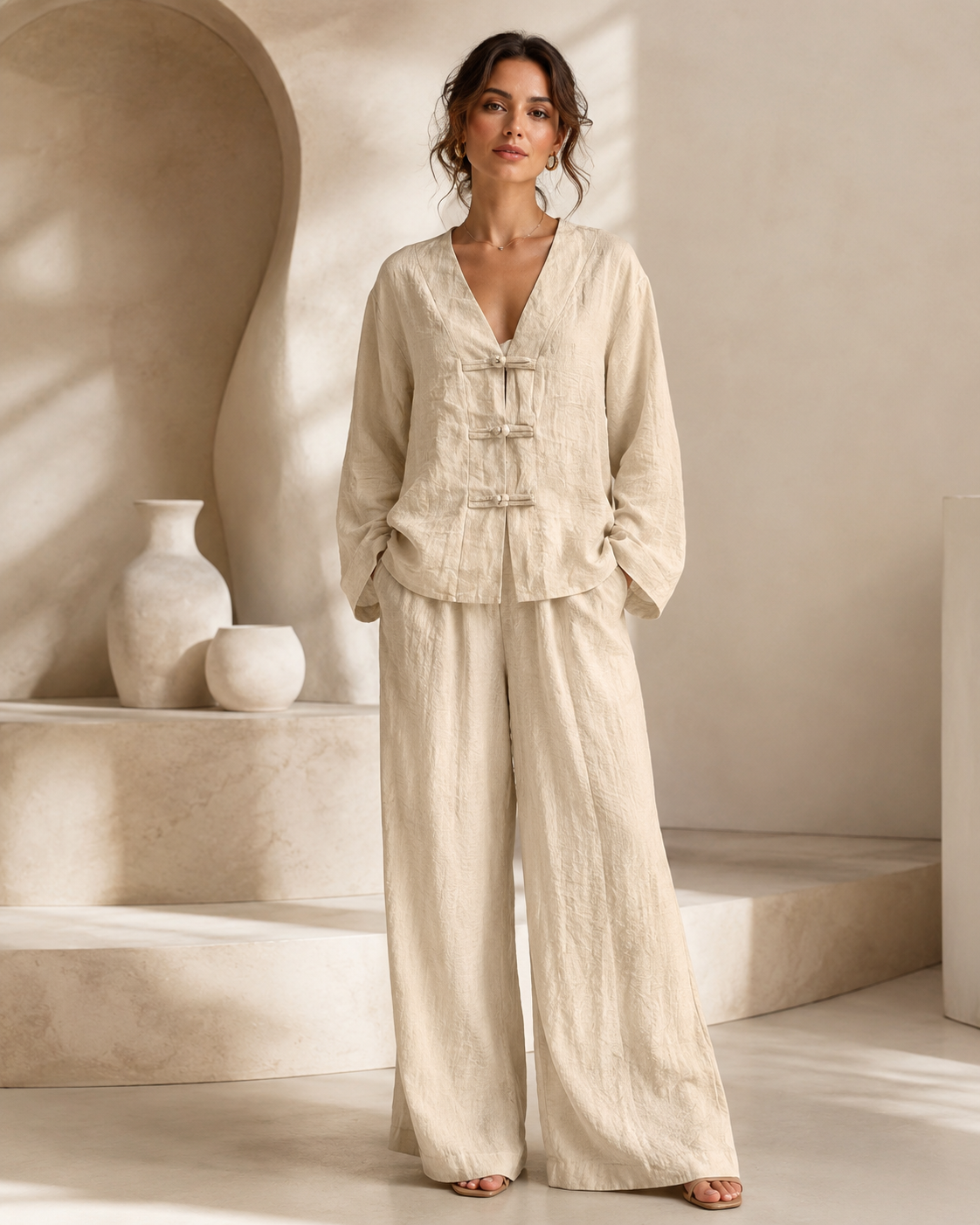 SHELLA — Ensemble en lin : top col V à boutons brandebourgs & pantalon large / Linen-Blend Frog Button Co-Ord Set: V-Neck Top & Wide-Leg Pants / طقم من الكتان: توب برقبة V بأزرار صينية وبنطلون واسع