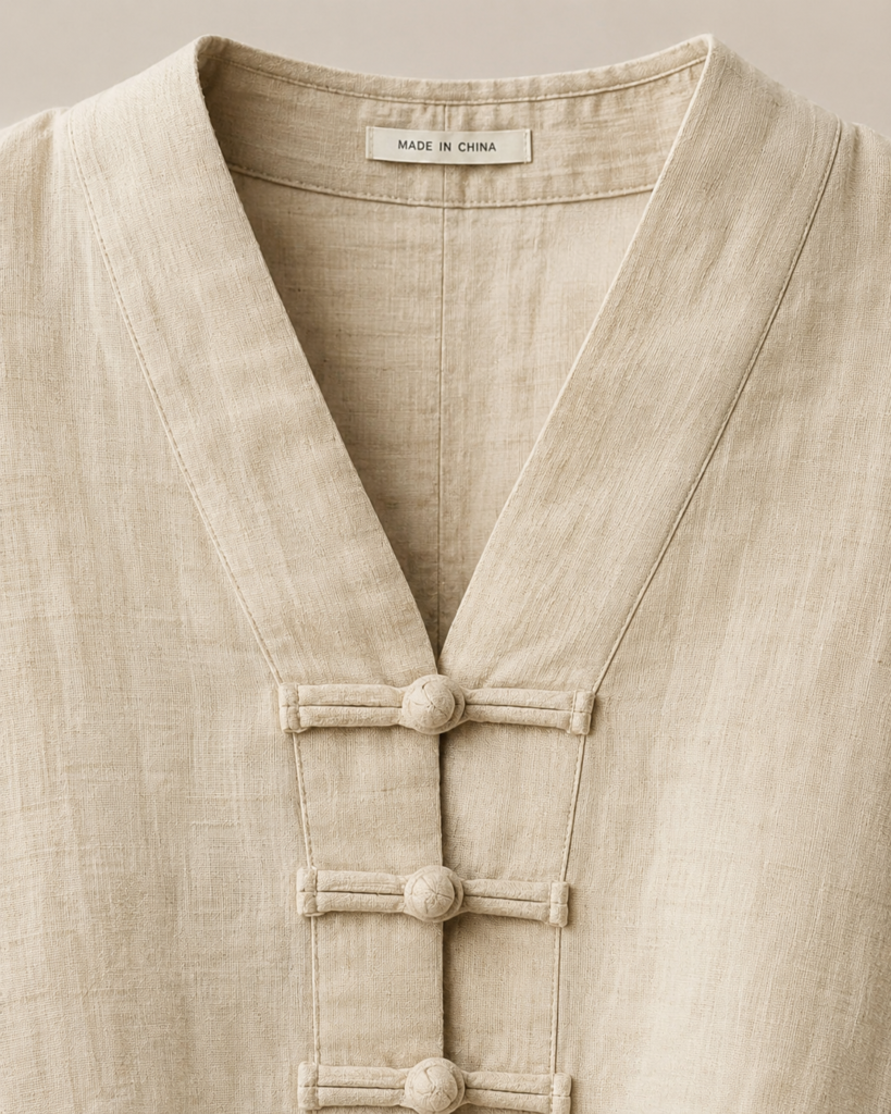 SHELLA Linen-Blend Frog Button Co-Ord Set – V-Neck Top & Wide-Leg Pants