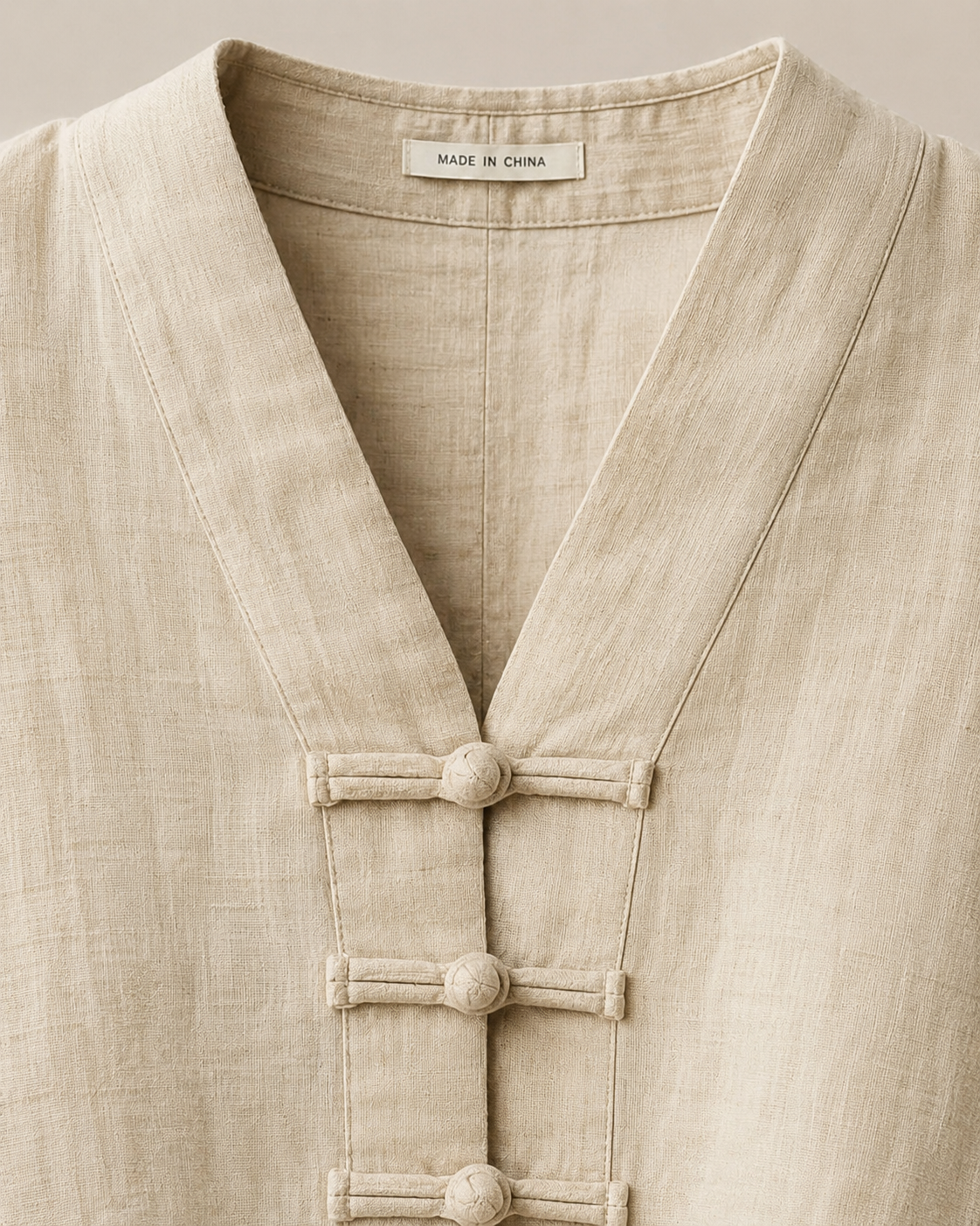 SHELLA — Ensemble en lin : top col V à boutons brandebourgs & pantalon large / Linen-Blend Frog Button Co-Ord Set: V-Neck Top & Wide-Leg Pants / طقم من الكتان: توب برقبة V بأزرار صينية وبنطلون واسع