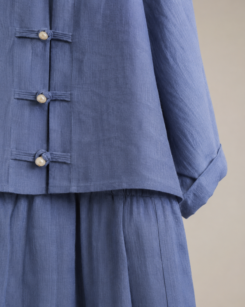 SHELLA Linen-Blend Frog Button Co-Ord Set – V-Neck Top & Wide-Leg Pants