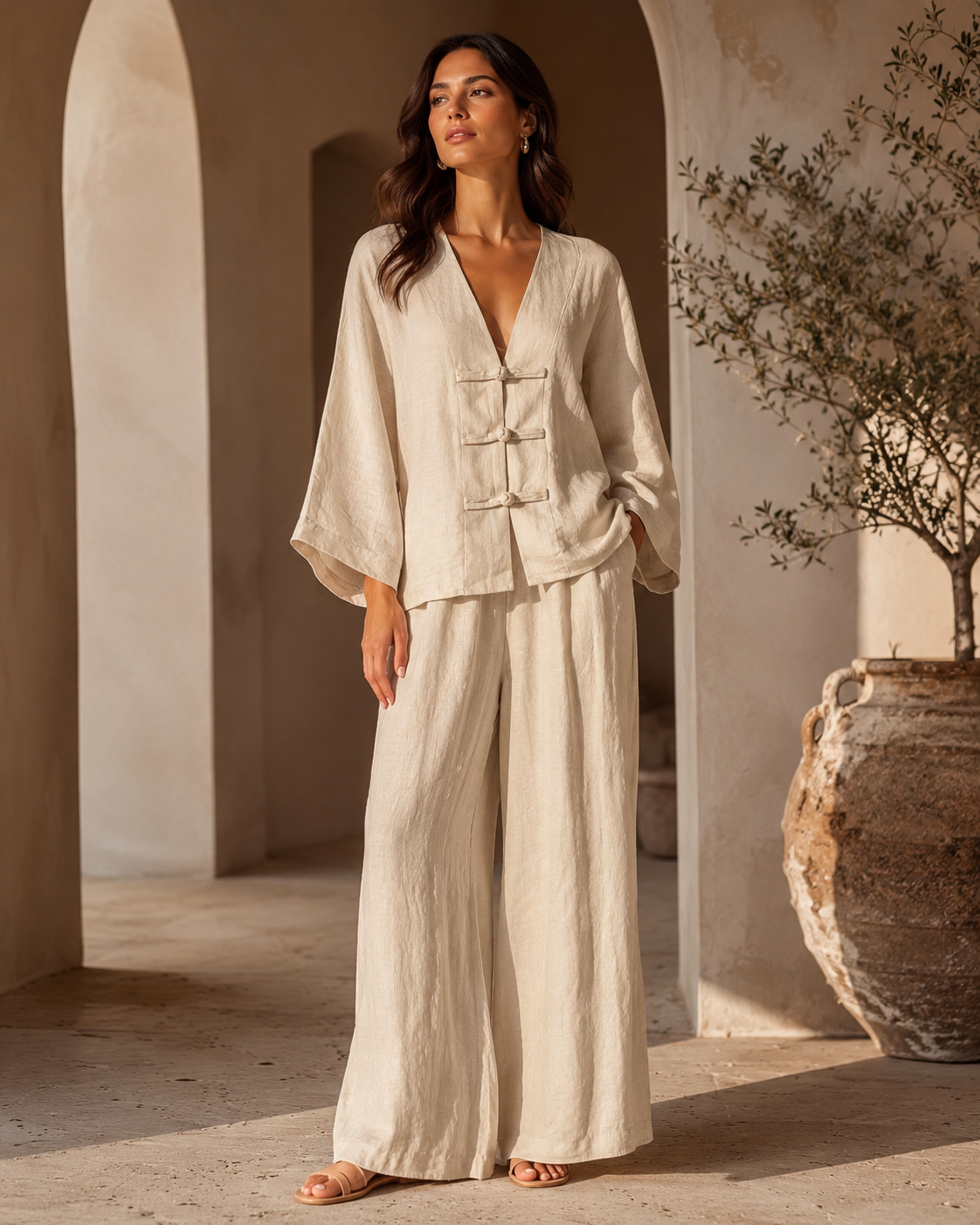 SHELLA — Ensemble en lin : top col V à boutons brandebourgs & pantalon large / Linen-Blend Frog Button Co-Ord Set: V-Neck Top & Wide-Leg Pants / طقم من الكتان: توب برقبة V بأزرار صينية وبنطلون واسع