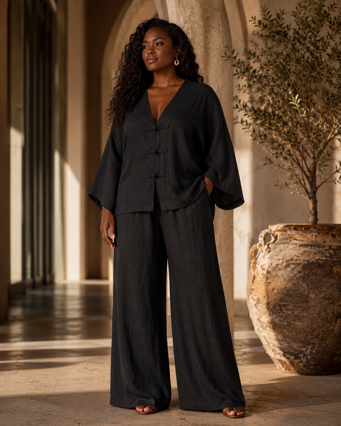 SHELLA — Ensemble en lin : top col V à boutons brandebourgs & pantalon large / Linen-Blend Frog Button Co-Ord Set: V-Neck Top & Wide-Leg Pants / طقم من الكتان: توب برقبة V بأزرار صينية وبنطلون واسع