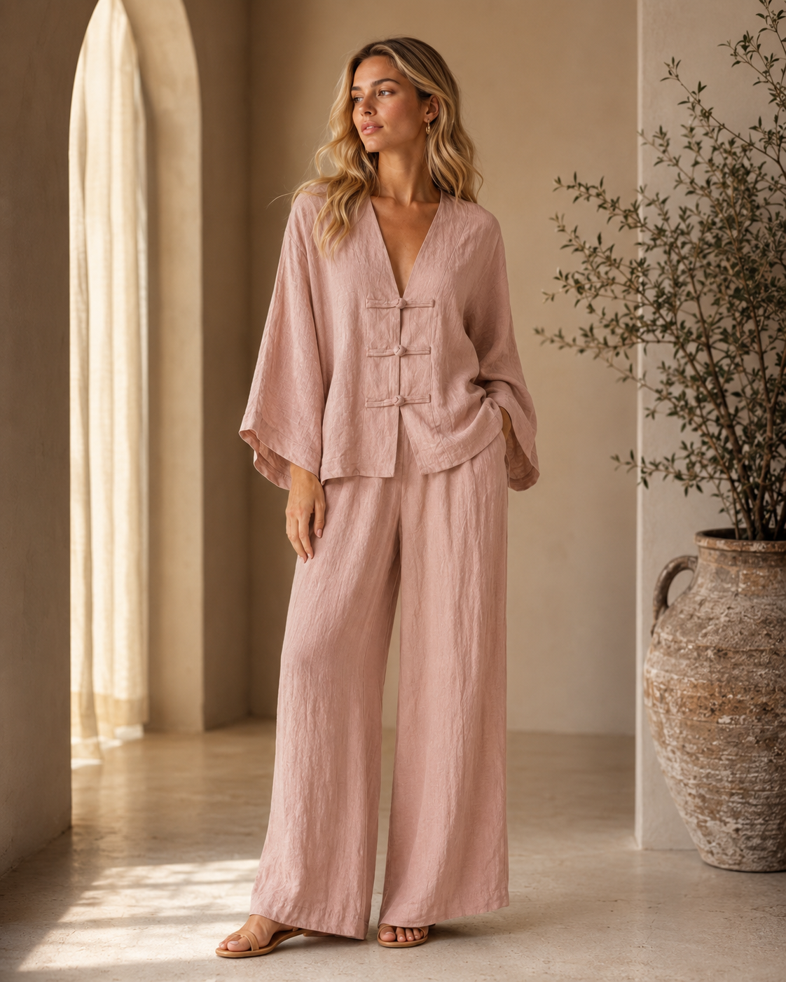 SHELLA — Ensemble en lin : top col V à boutons brandebourgs & pantalon large / Linen-Blend Frog Button Co-Ord Set: V-Neck Top & Wide-Leg Pants / طقم من الكتان: توب برقبة V بأزرار صينية وبنطلون واسع