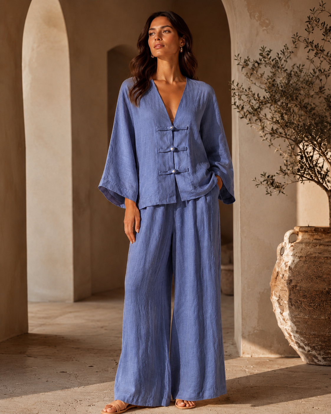SHELLA — Ensemble en lin : top col V à boutons brandebourgs & pantalon large / Linen-Blend Frog Button Co-Ord Set: V-Neck Top & Wide-Leg Pants / طقم من الكتان: توب برقبة V بأزرار صينية وبنطلون واسع