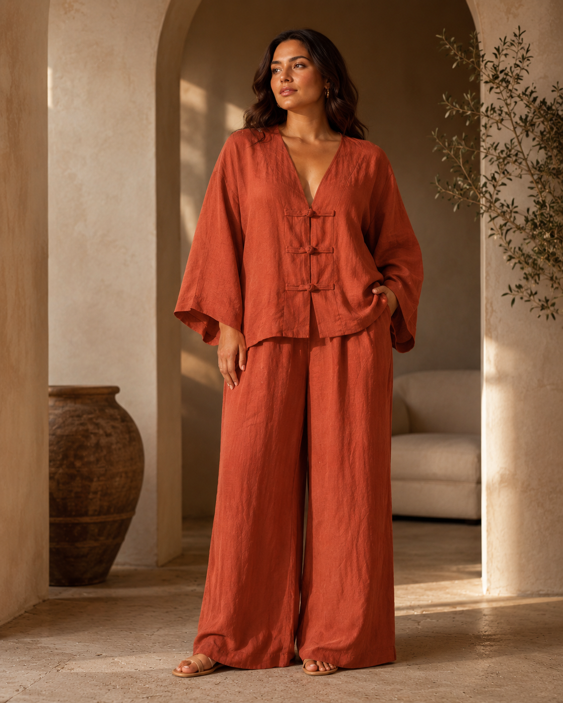SHELLA — Ensemble en lin : top col V à boutons brandebourgs & pantalon large / Linen-Blend Frog Button Co-Ord Set: V-Neck Top & Wide-Leg Pants / طقم من الكتان: توب برقبة V بأزرار صينية وبنطلون واسع